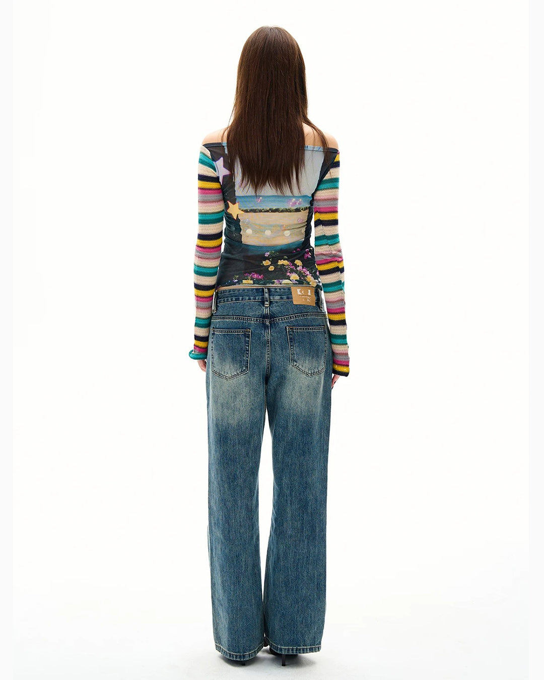 COLOR-BLOCK SEMI-SHEER STRIPED PATCHWORK TOPS - GREEN
