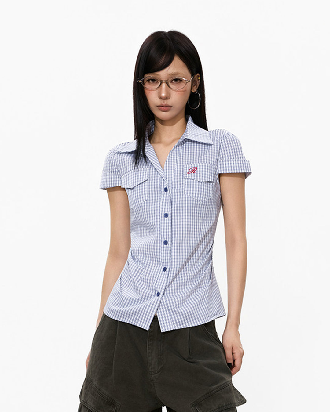 PLAID WAIST-CINCH SHORT SLEEVE SHIRTS - BLUE
