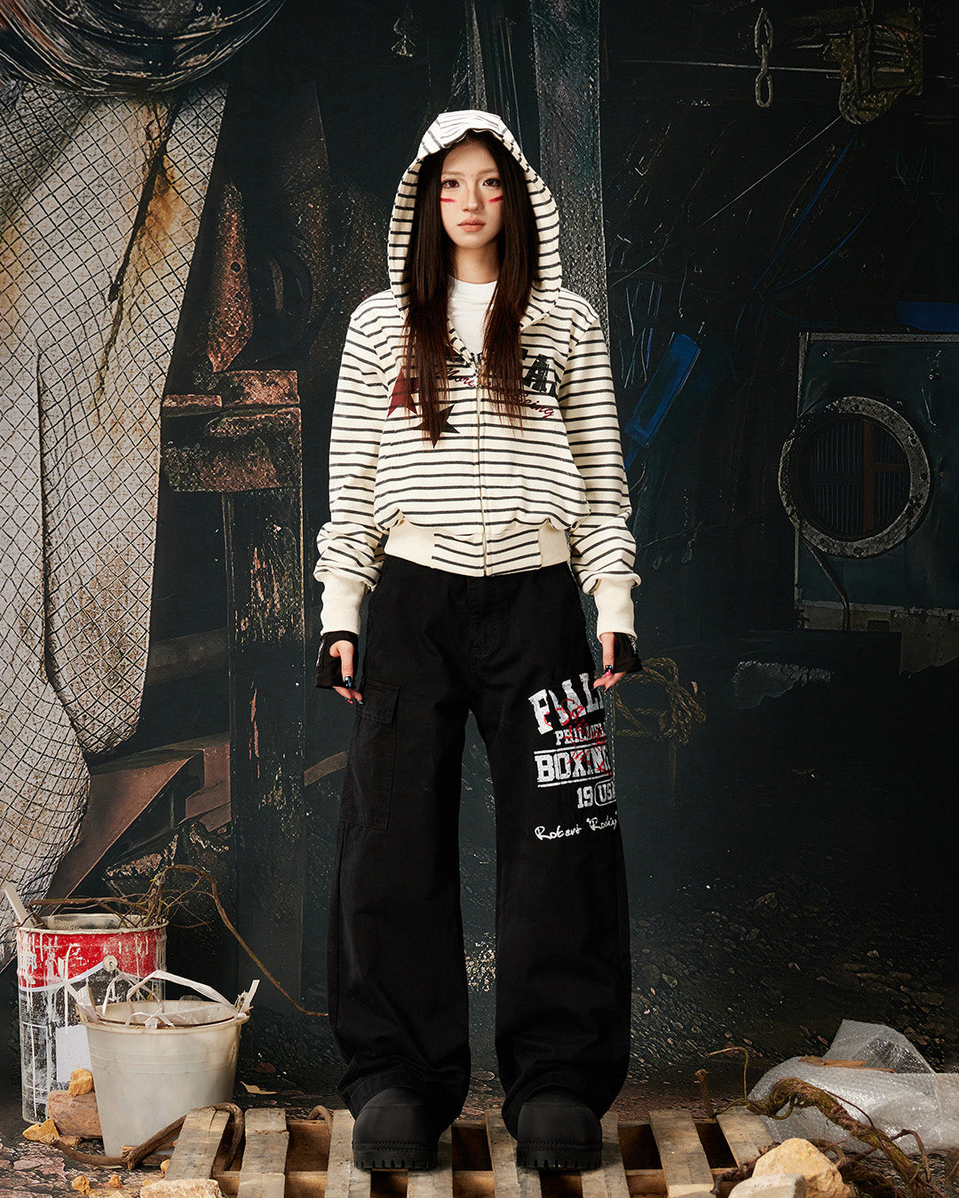 JERSEY STRIPED PRINT CROPPED HOODIES - APRICOT