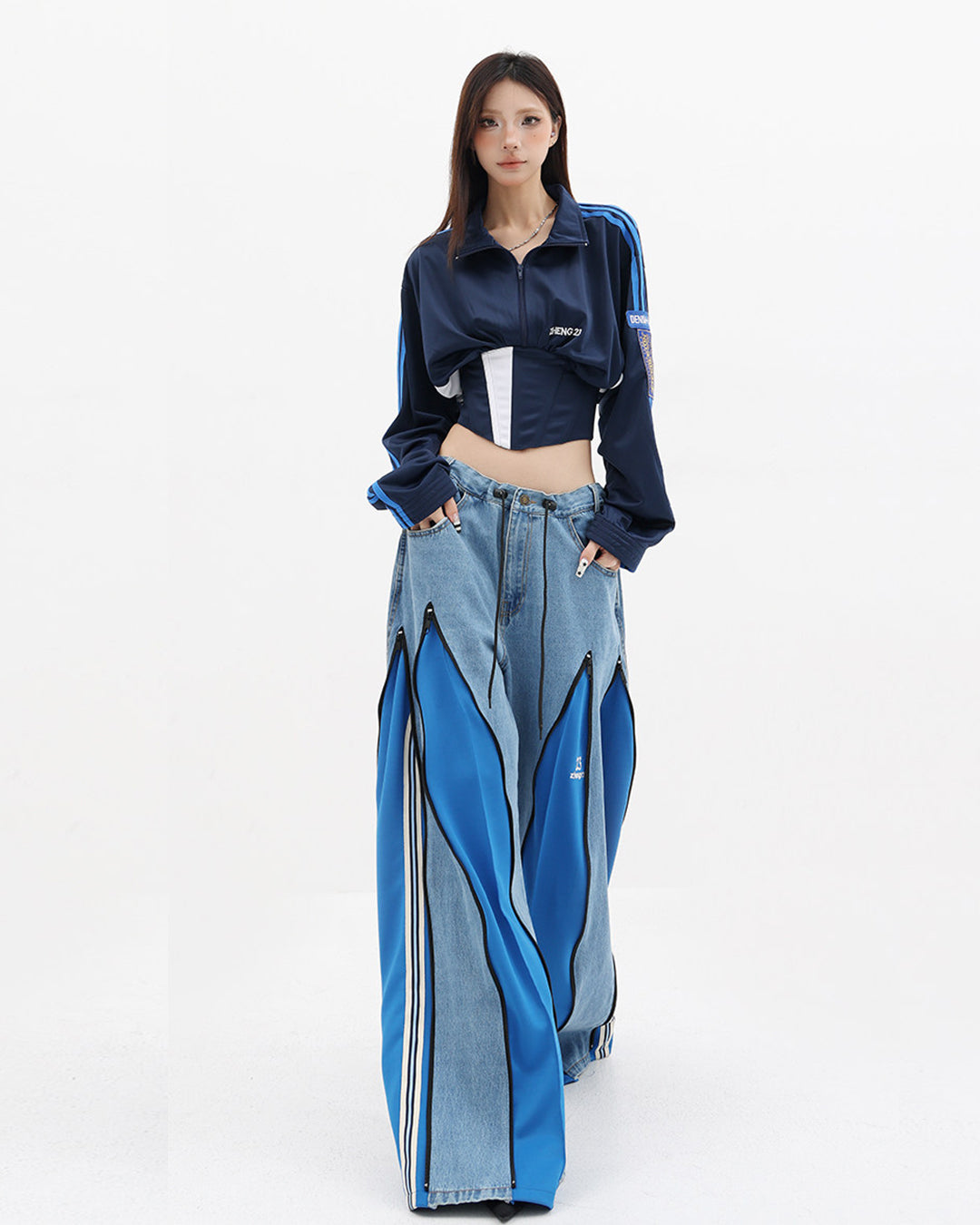 CONTRAST SPLICE ZIP DETAIL DENIM JEANS - BLUE