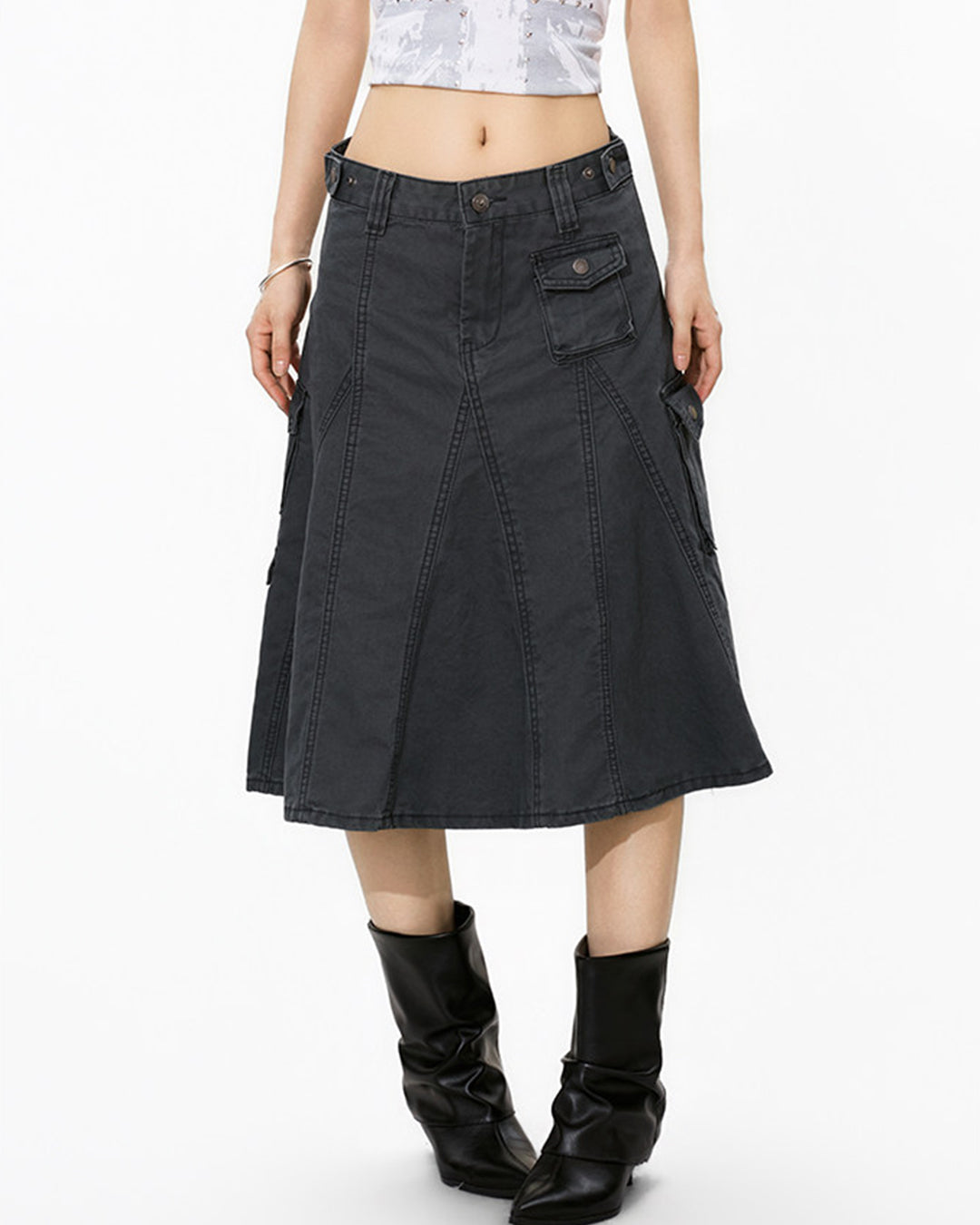 VINTAGE WASH UTILITY MIDI SKIRTS - GREY