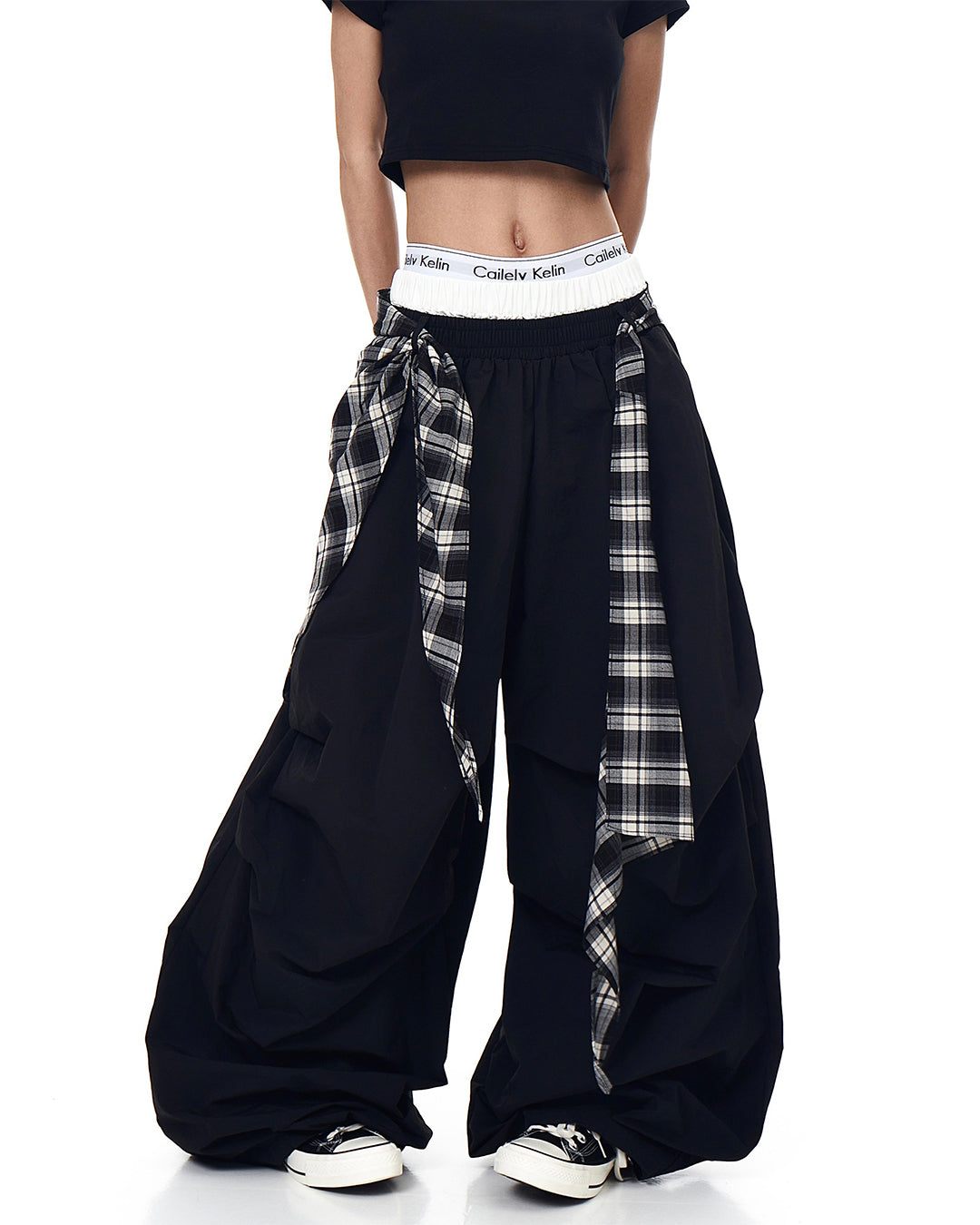 PLAID APRON LAYERED PARACHUTE PANTS - BLACK