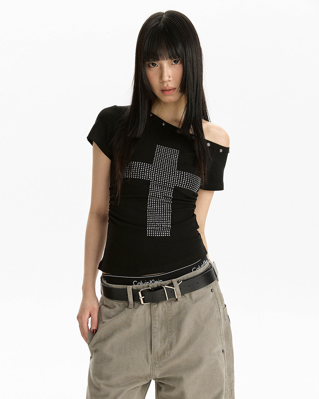 CROSS RHINESTONE ASYMMETRIC T-SHIRTS - BLACK