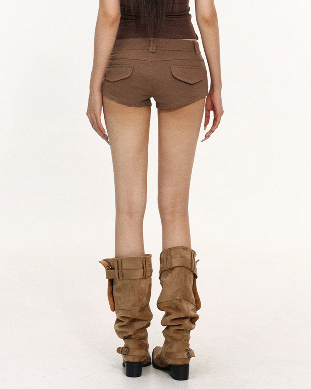 MAILLARD STUDDED LOW RISE DENIM SHORTS - BROWN