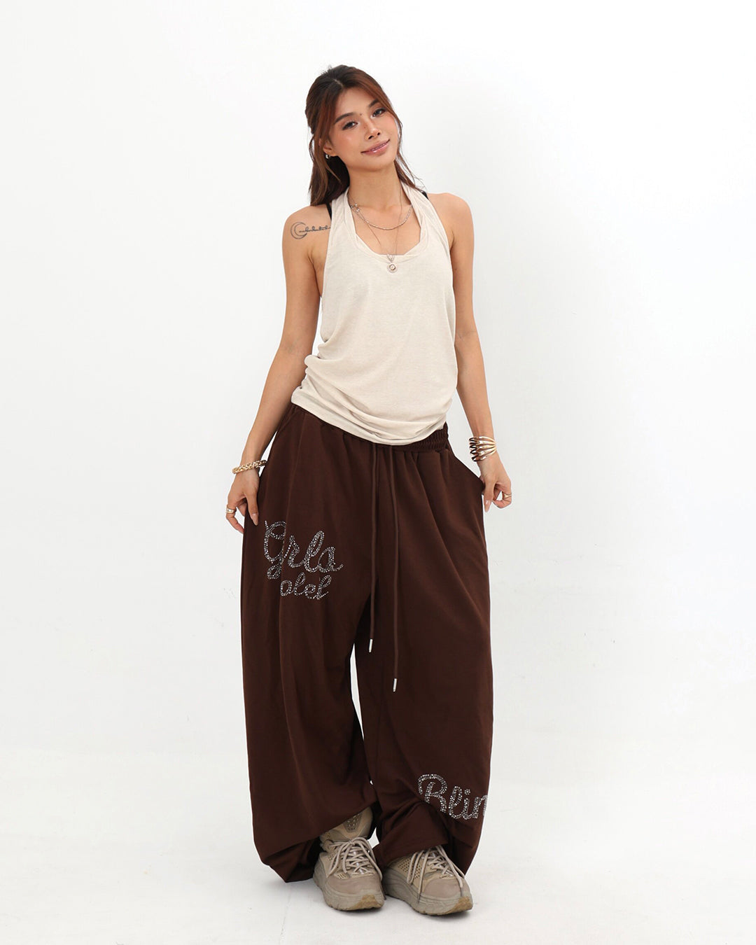 WATER FLOW LOGO RHINESTONE JAZZ PANTS - BROWN
