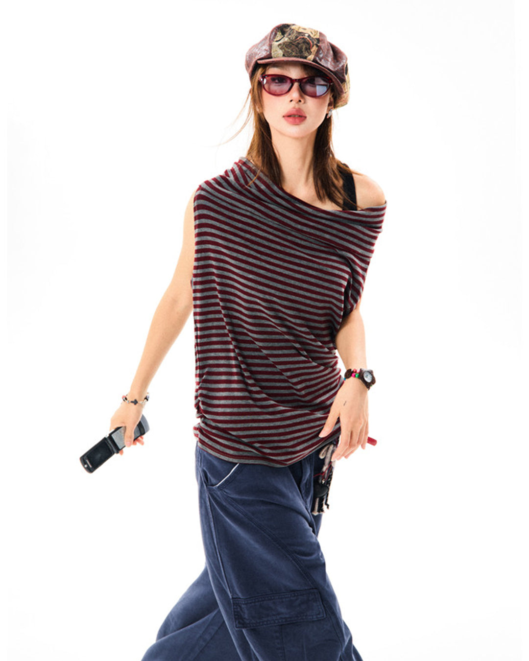 MULTIWAY STRIPED OFF SHOULDER TOPS - GREY &amp; RED