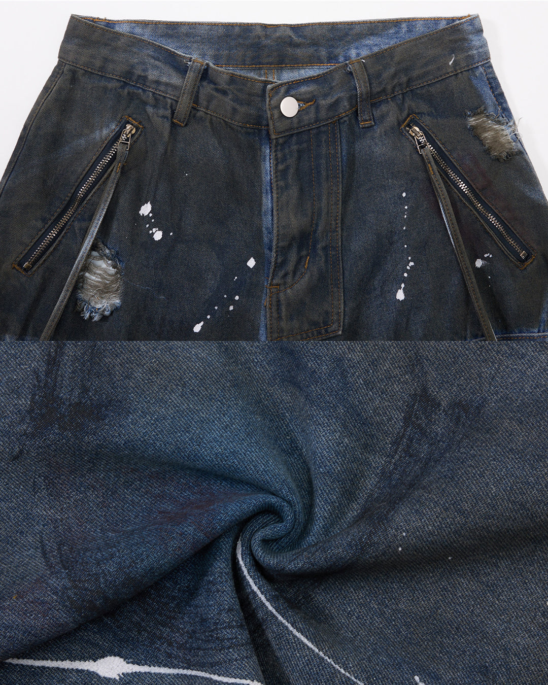SPLATTER GRAFFITI RIPPED CARGO JEANS - BLUE