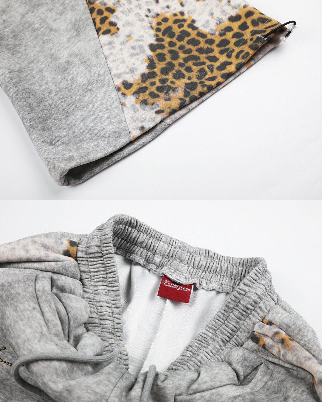 VINTAGE DIRTY-WASH LEOPARD PANEL BEADED JOGGERS - GREY