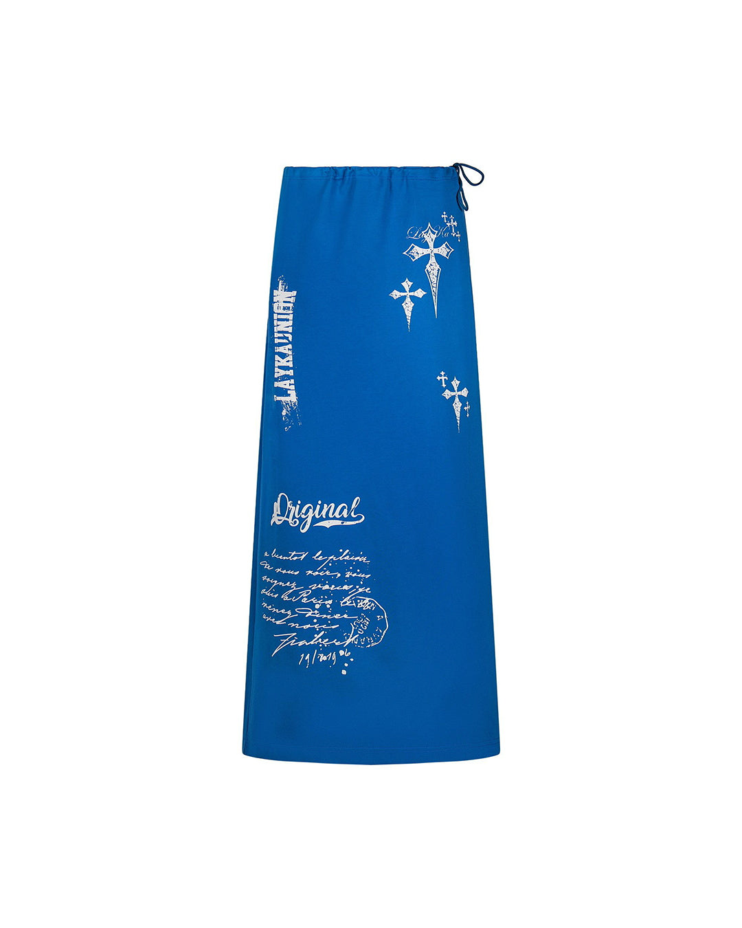 CROSS &amp; LETTER PRINT DRAWSTRING MIDI SKIRTS - BLUE