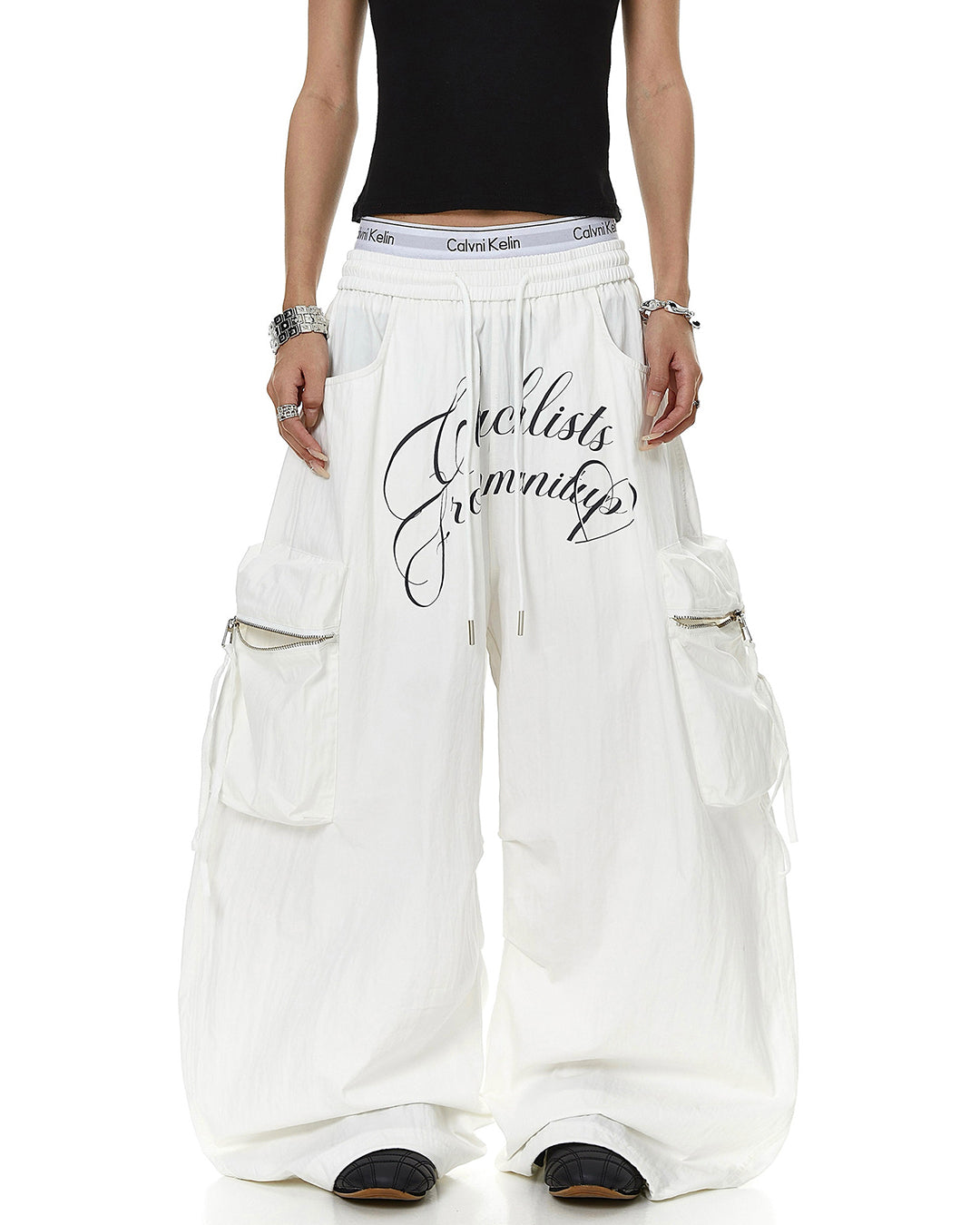 LETTER PRINT MULTI-POCKET PARACHUTE CARGO PANTS - WHITE