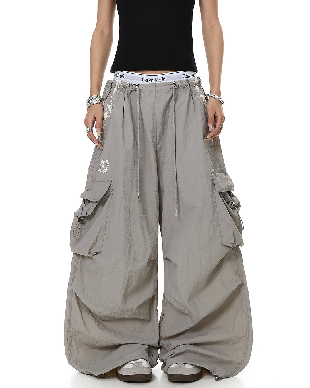 STAR PRINT PLEATED QUICK-DRY CARGO PANTS - GREY