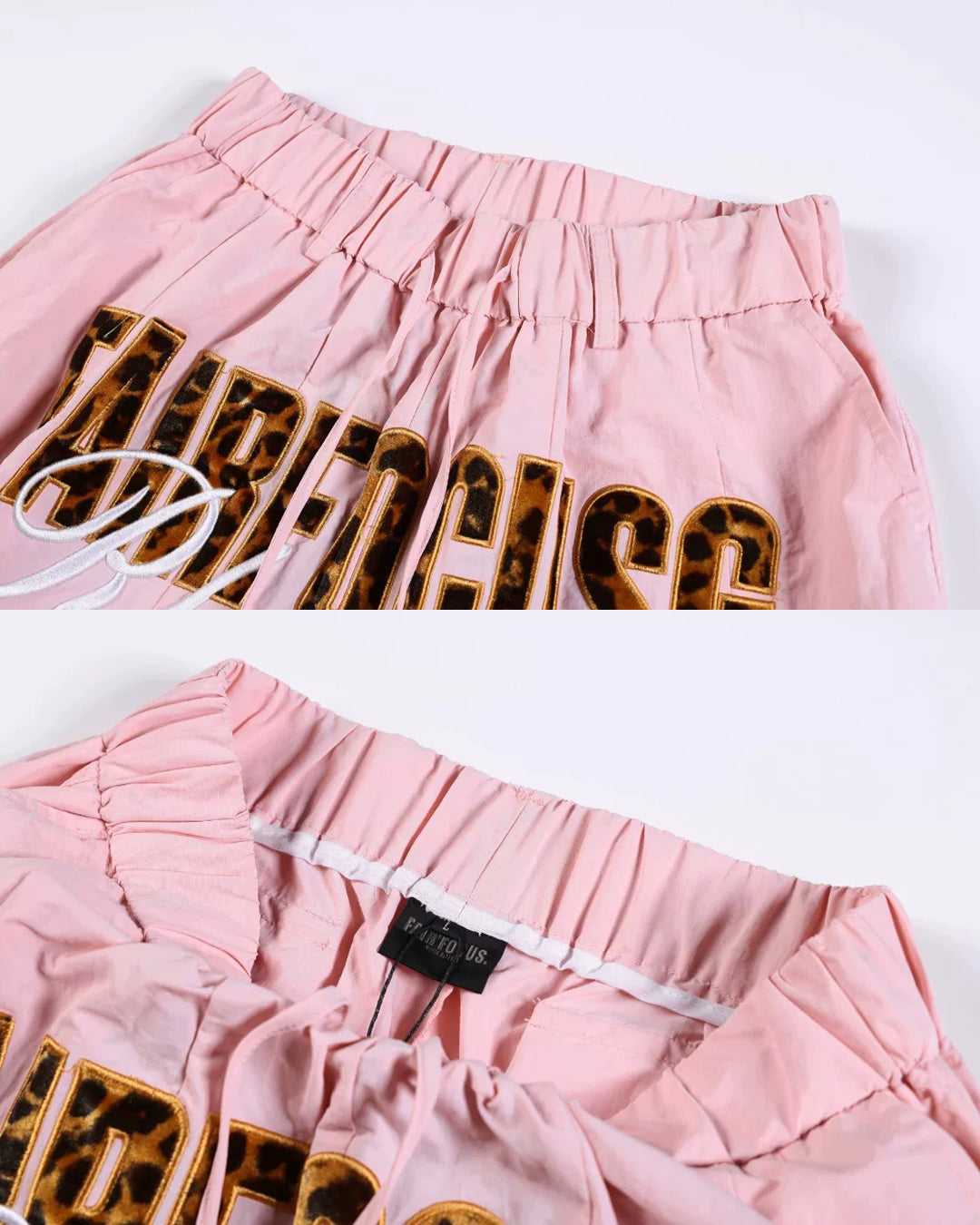 LEOPARD LETTER EMBROIDERY PARACHUTE PANTS - PINK