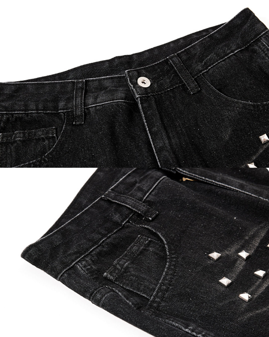 GOTHIC RIVET-STUDDED DISTRESSED FLARE JEANS - BLACK