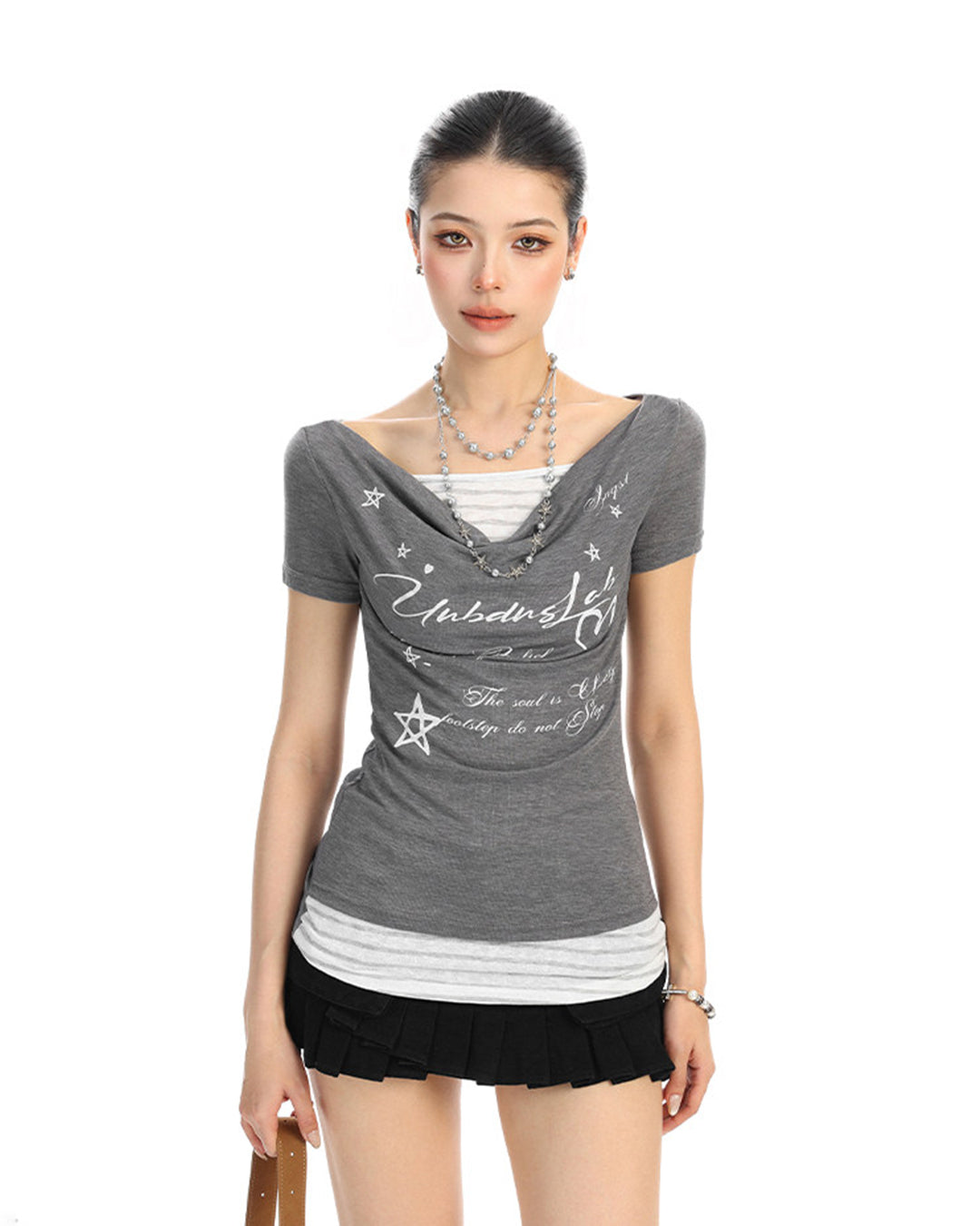 GRAPHIC LETTER LAYERED-LOOK DRAPED T-SHIRTS - GREY