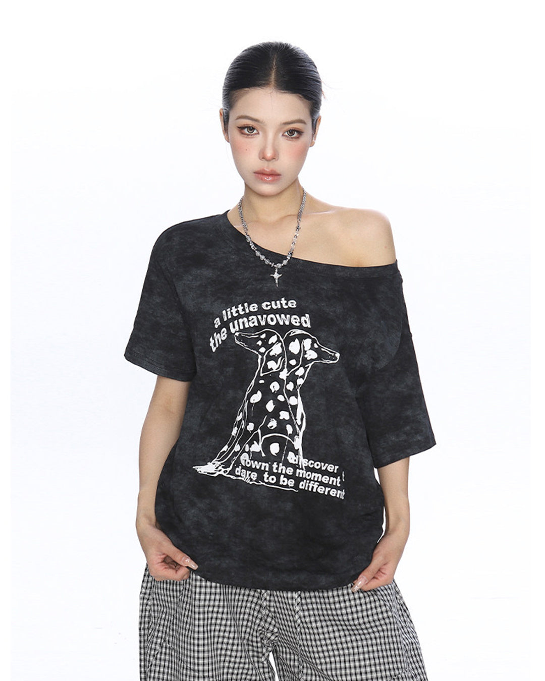 DALMATIAN PRINT ASYMMETRIC SHOULDER T-SHIRTS - BLACK