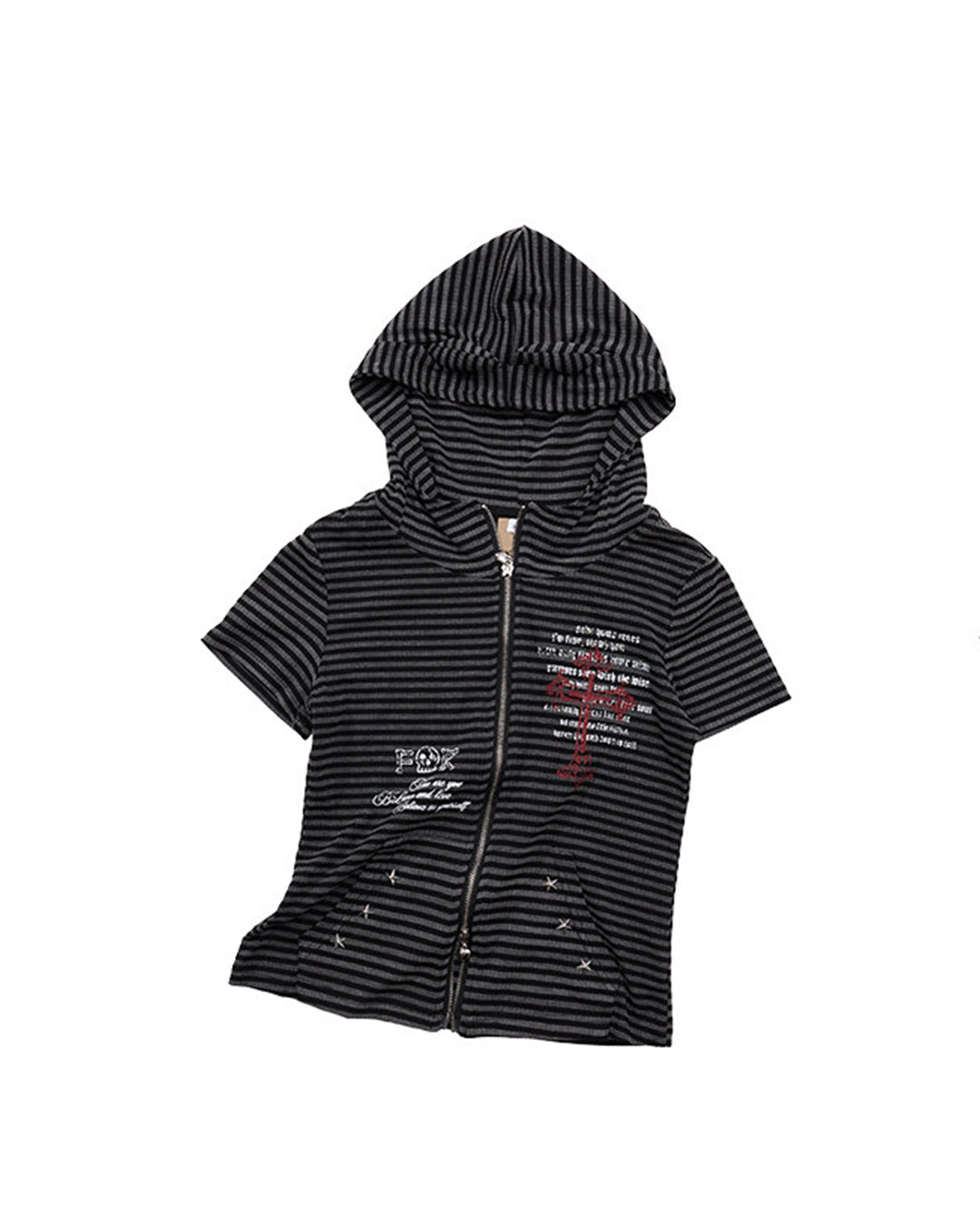 DEVIL HORN STRIPED HOODED ZIP-UP T-SHIRTS - BLACK