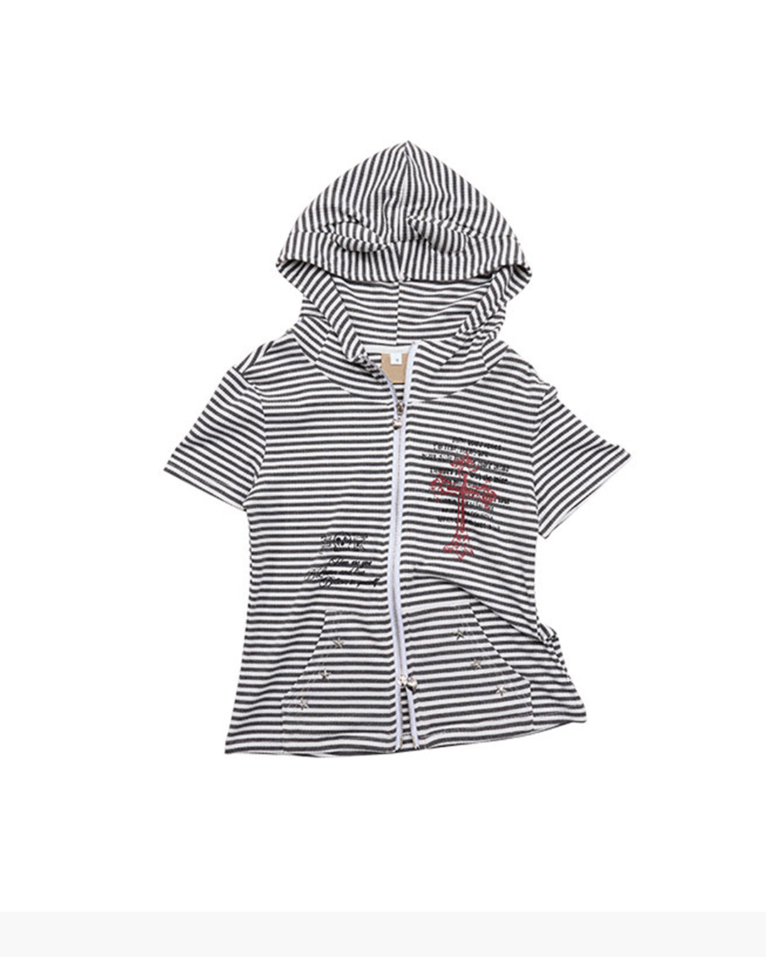 DEVIL HORN STRIPED HOODED ZIP-UP T-SHIRTS - WHITE