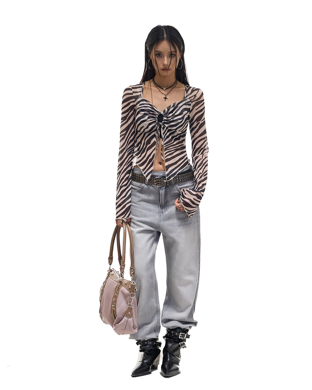 ZEBRA PRINT ASYMMETRIC FISHTAIL MESH TOPS - BLACK