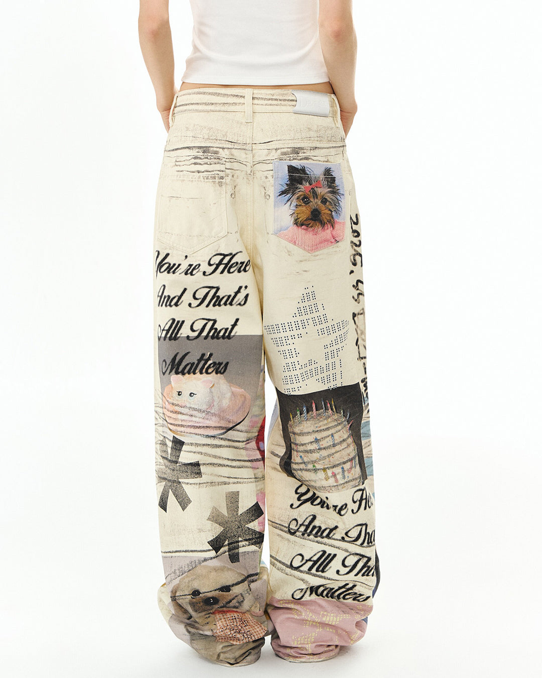 PLUSH PUPPY PRINT DENIM JEANS - OFF WHITE