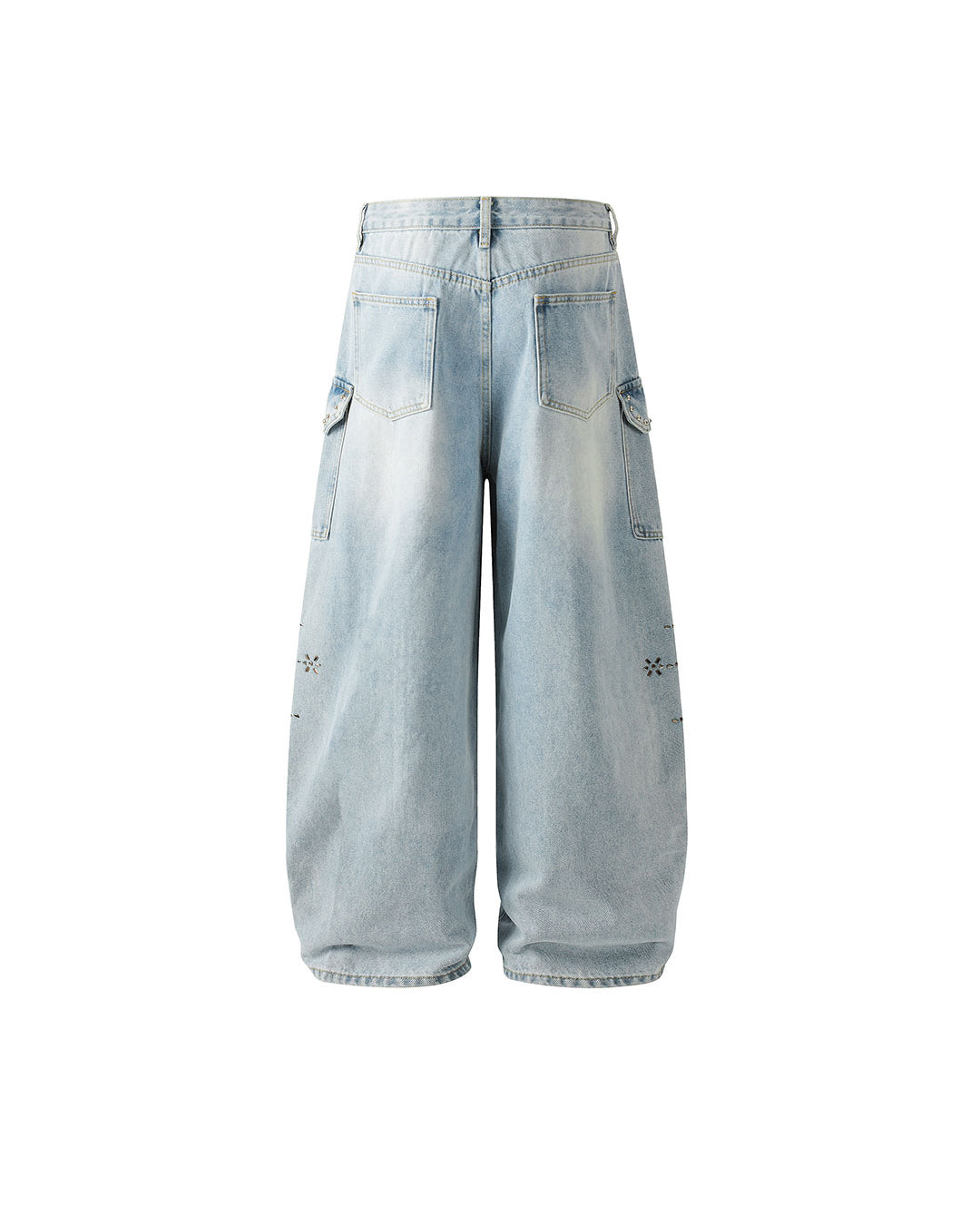 STUDDED WASHED CURVED DENIM JEANS - LIGHT BLUE