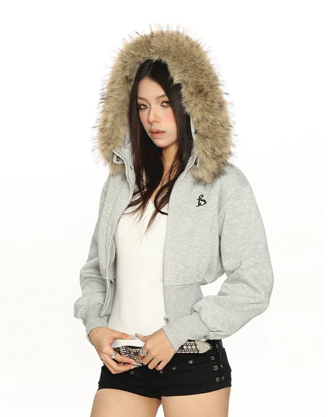 FUR COLLAR CROPPED ZIP HOODIES - HEATHER GREY