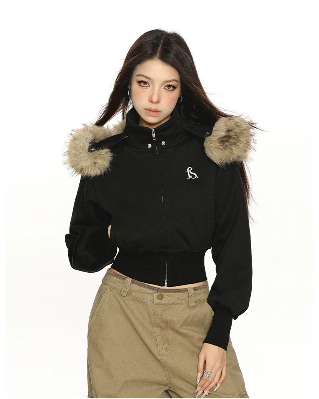 FUR COLLAR CROPPED ZIP HOODIES - BLACK