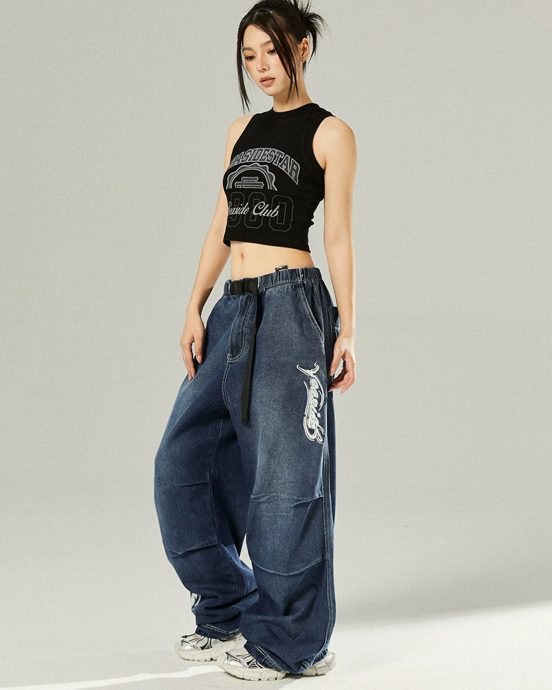 PATCH POCKET DENIM PARACHUTE PANTS - DEEP BLUE