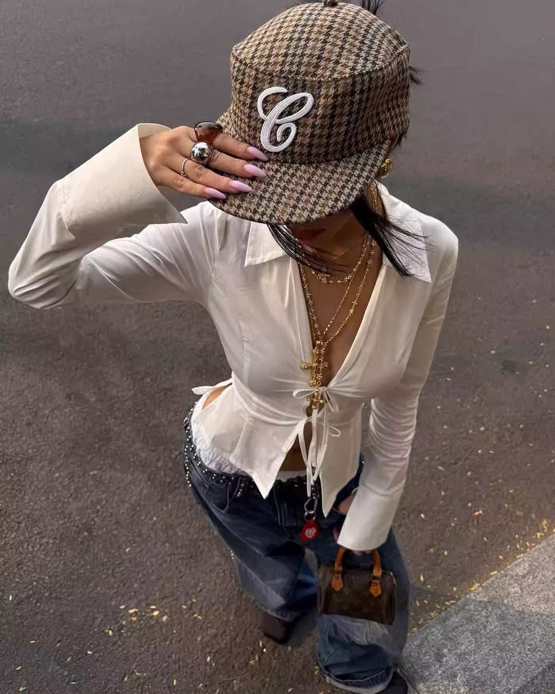 HOUNDSTOOTH FLAT TOP CASUAL BASEBALL CAPS - BROWN