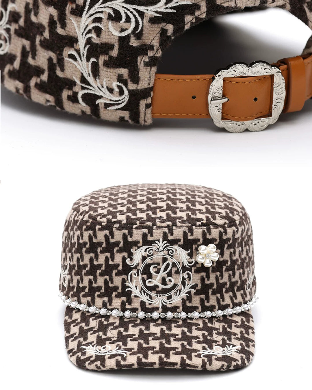 RETRO PEARL &amp; DIAMOND EMBROIDERED FLAT BRIM CAPS - BROWN