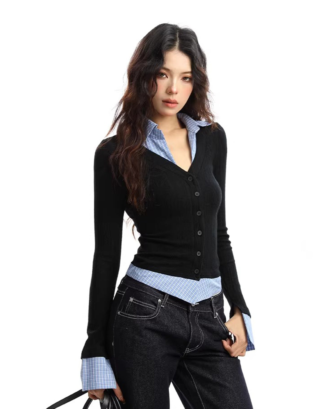 PLAID FAUX TWO-PIECE COLLARED KNIT TOPS