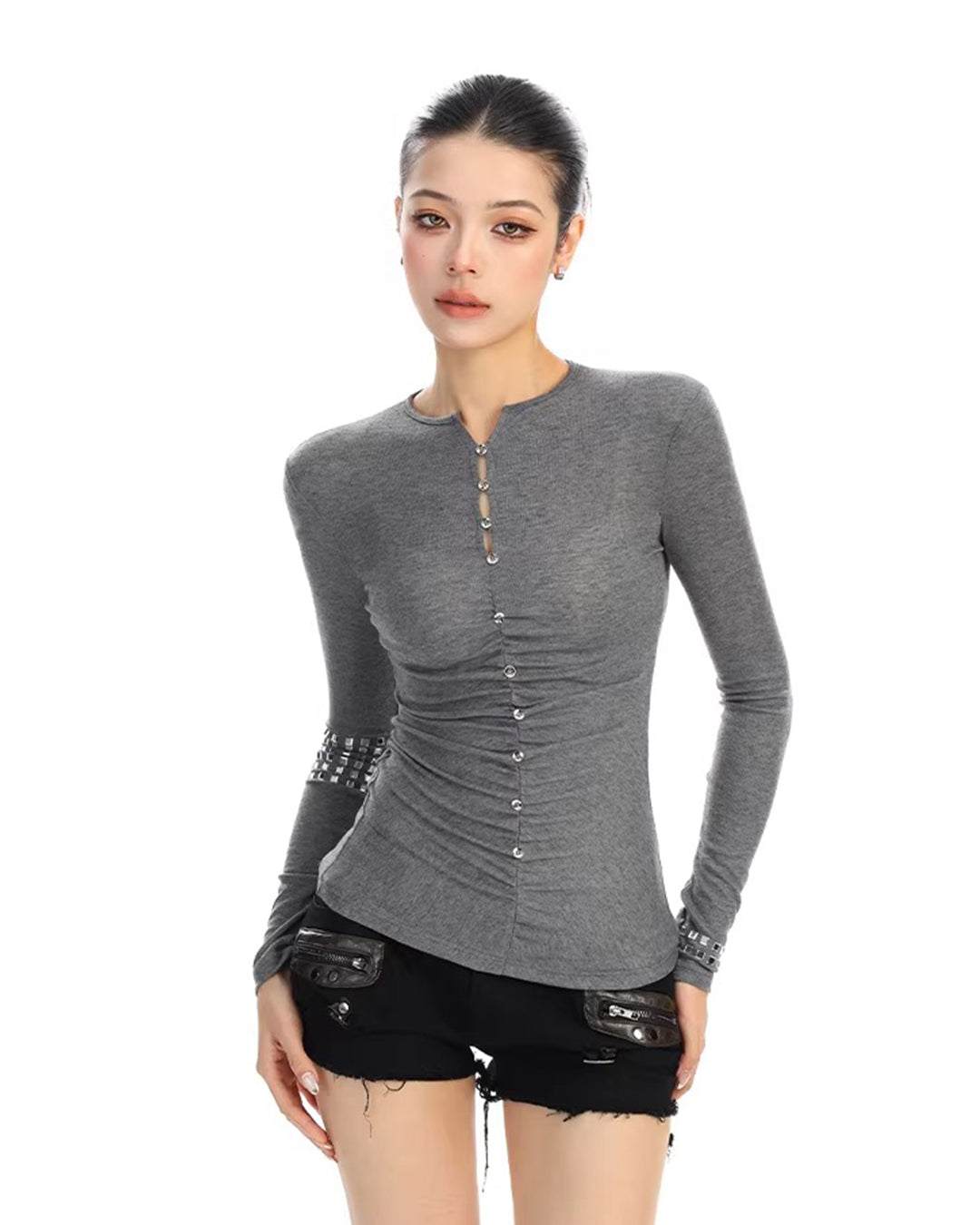 RHINESTONE BUTTON SLIM-FIT TOPS - GREY