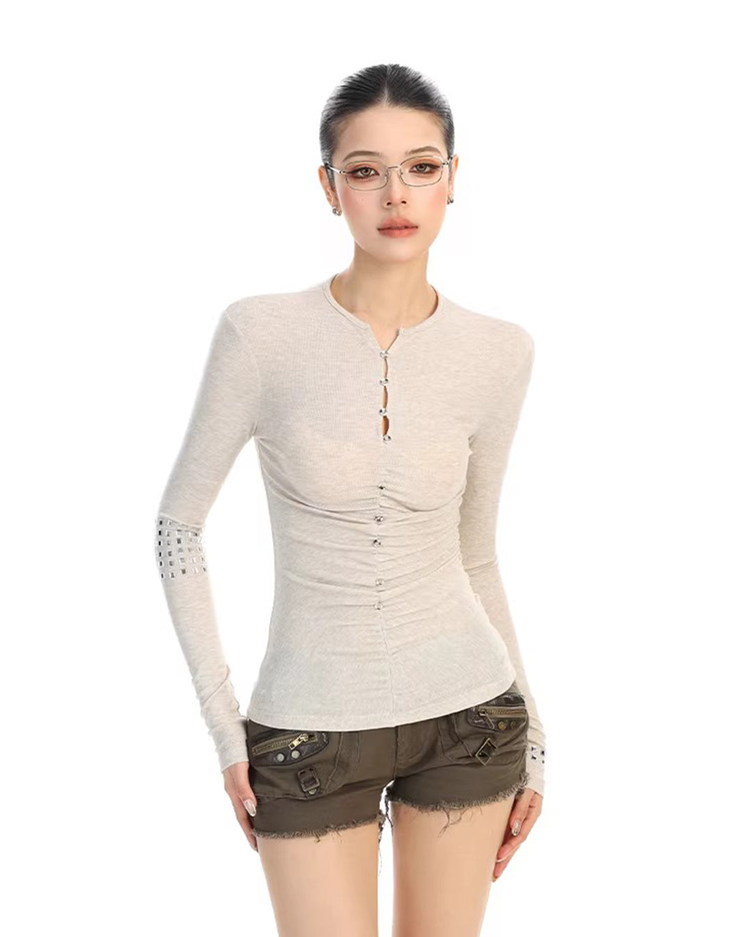 RHINESTONE BUTTON SLIM-FIT TOPS - APRICOT