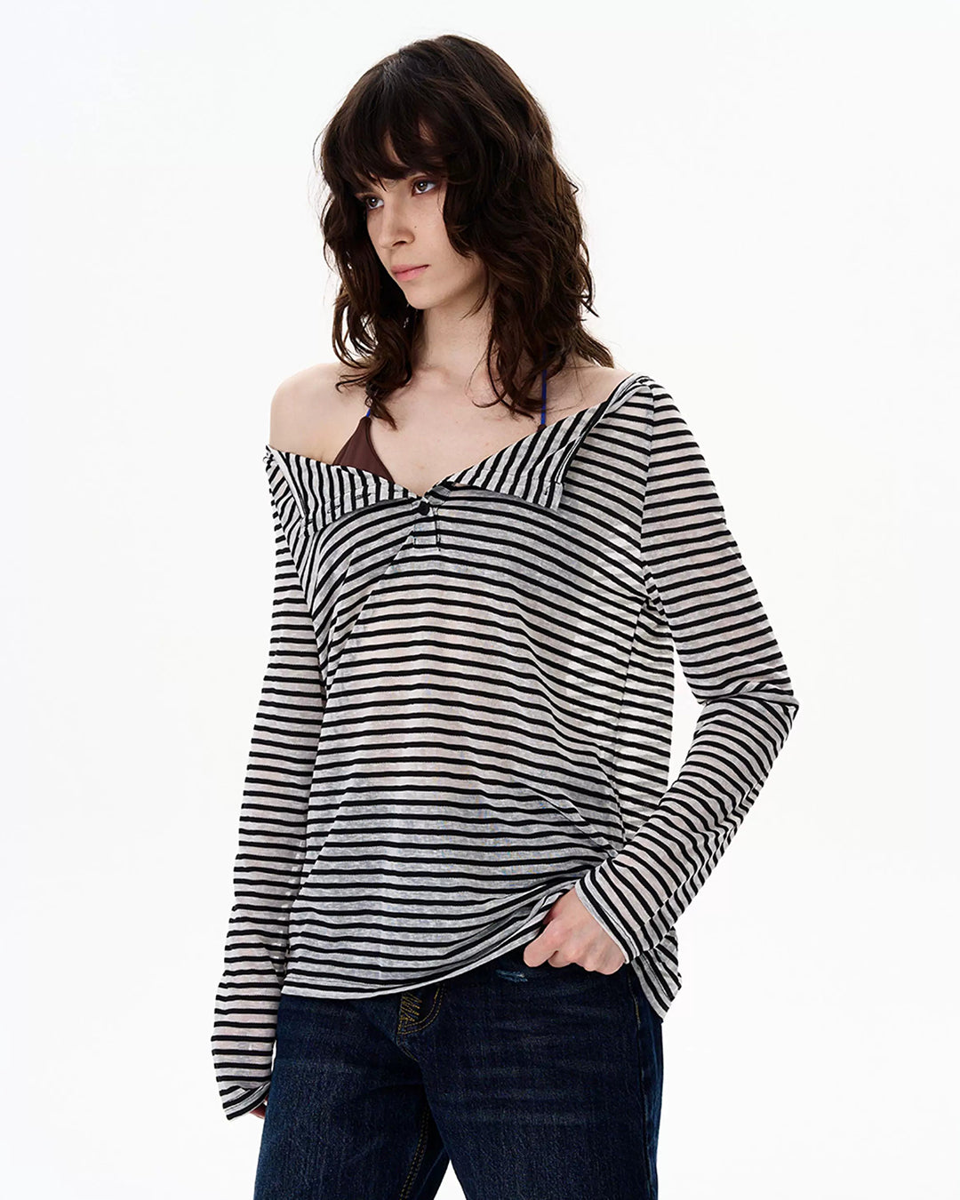 STRIPE HENLEY LIGHTWEIGHT SUNSHIELD TOPS - BLACK