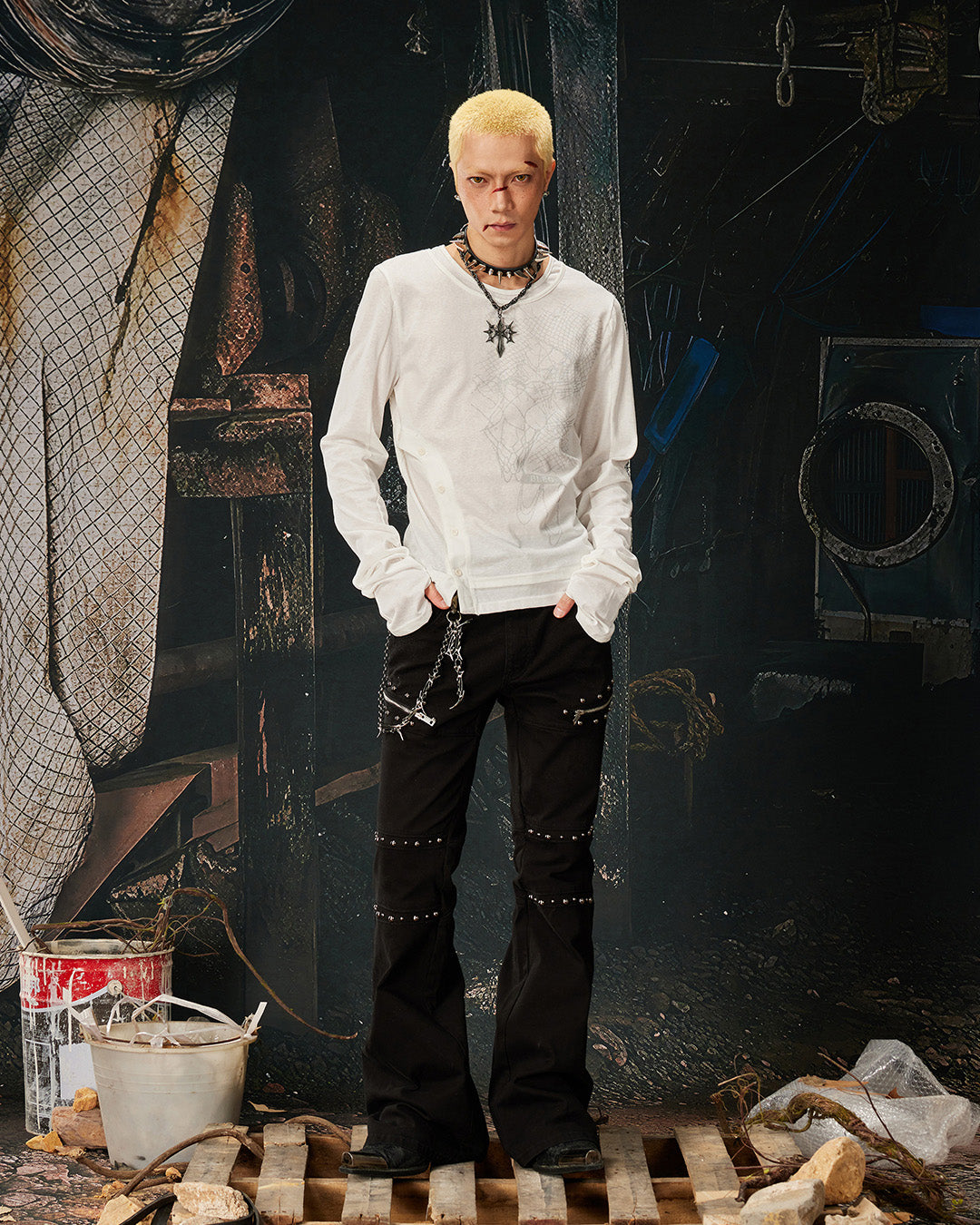 DARK PUNK STUDDED SLIGHT FLARE CASUAL PANTS - BLACK