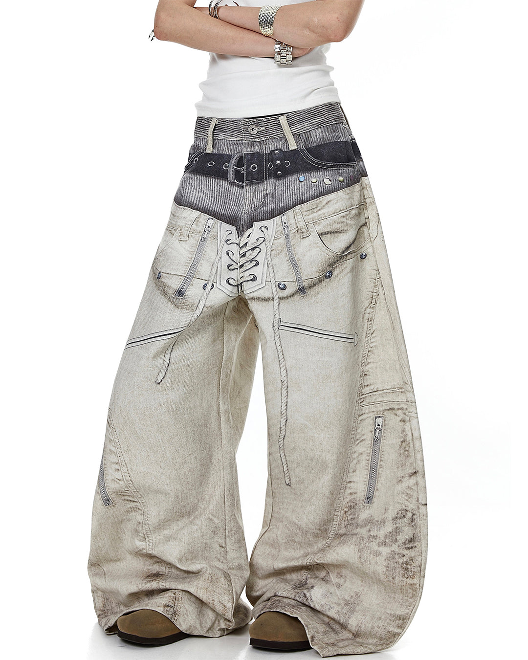 3D PRINT DOUBLE WAIST CURVED JEANS - GREY
