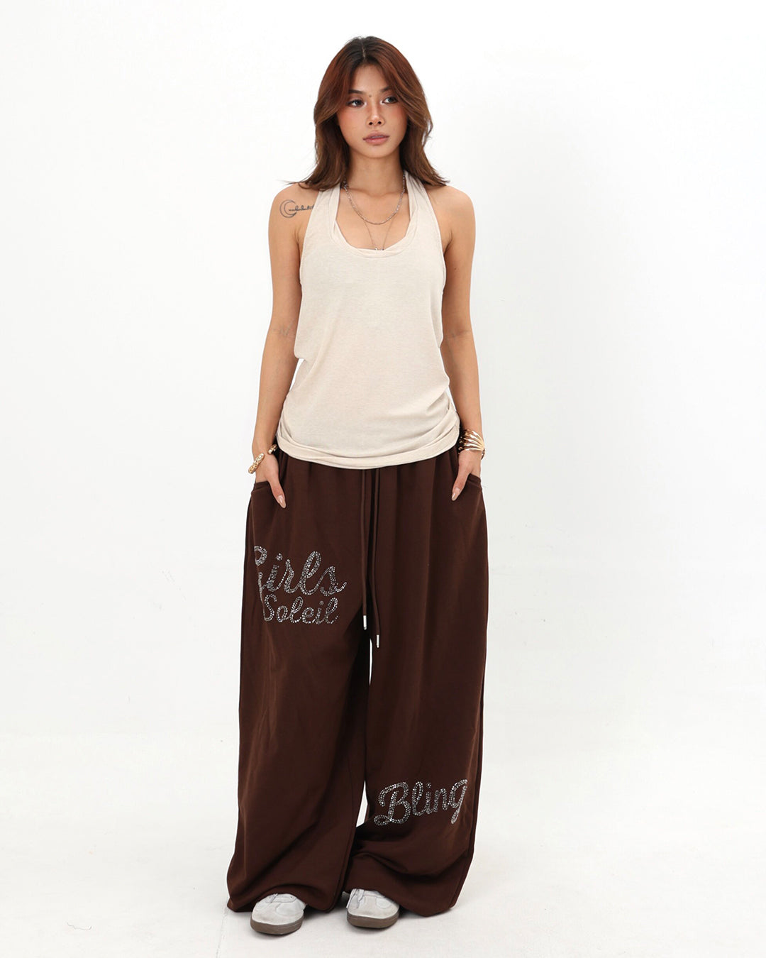 WATER FLOW LOGO RHINESTONE JAZZ PANTS - BROWN