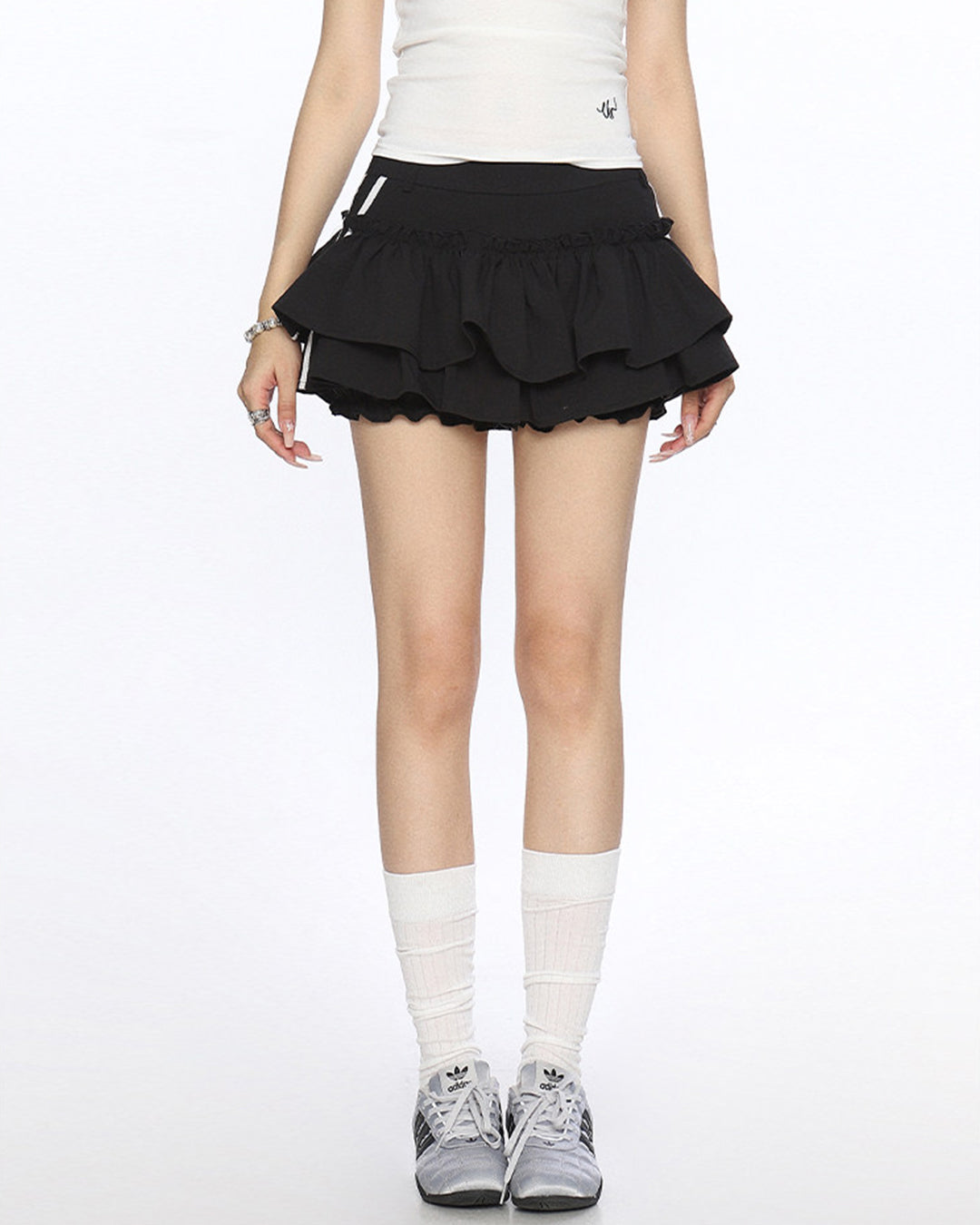 SPORTY STRIPE PUFF MINI SKIRTS - BLACK