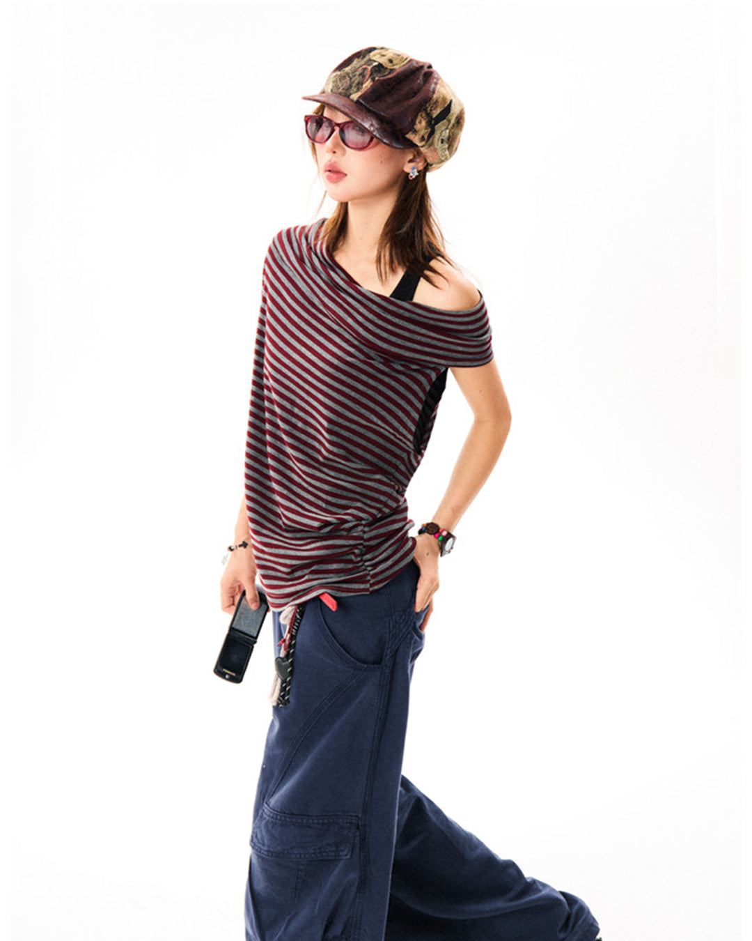 MULTIWAY STRIPED OFF SHOULDER TOPS - GREY &amp; RED