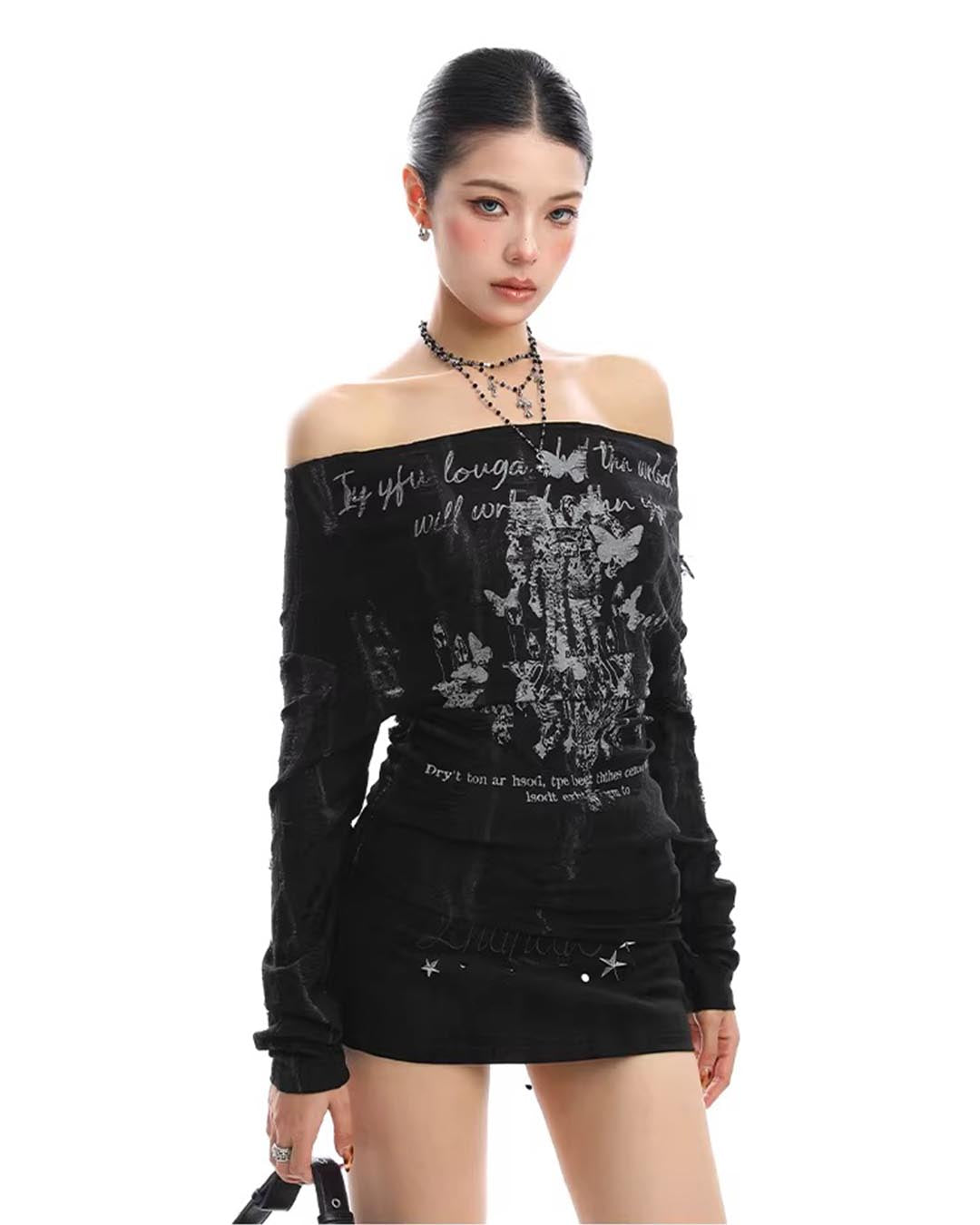 GRAFFITI OFF-SHOULDER LACE-BACK LONG SLEEVE TOPS - BLACK