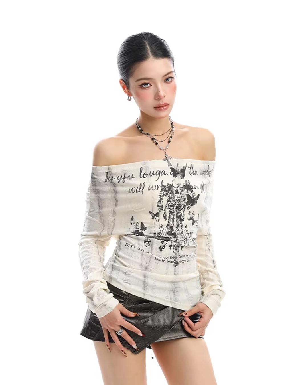 GRAFFITI OFF-SHOULDER LACE-BACK LONG SLEEVE TOPS - APRICOT