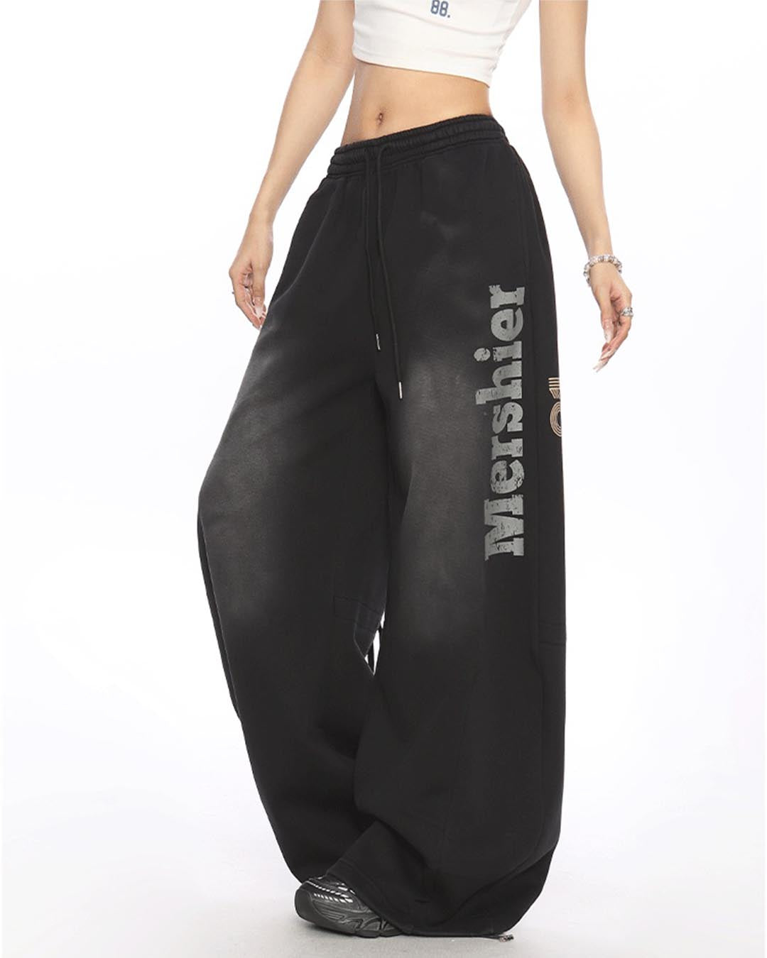 VINTAGE DISTRESSED LETTER SABER LEG SWEATPANTS - BLACK