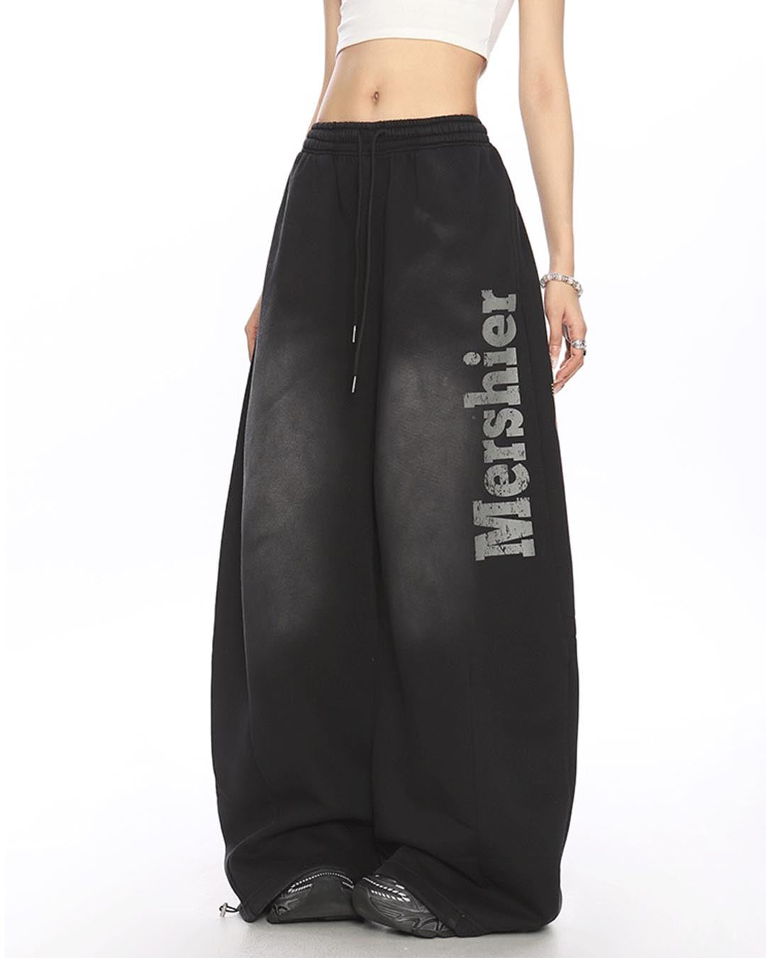 VINTAGE DISTRESSED LETTER SABER LEG SWEATPANTS - BLACK