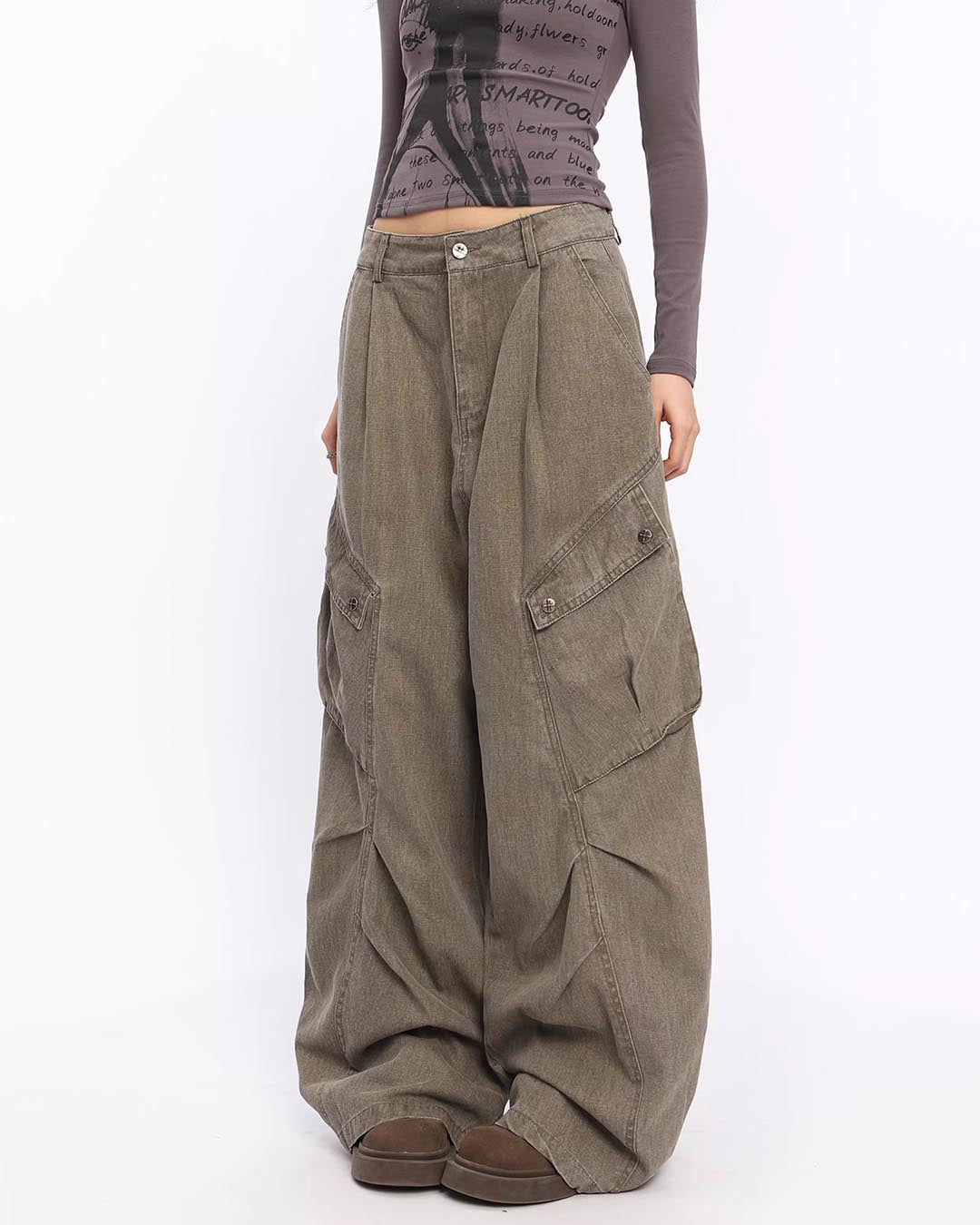 VINTAGE WASHED PLEATED BIG POCKET DENIM CARGO PANTS - GREY &amp; GREEN