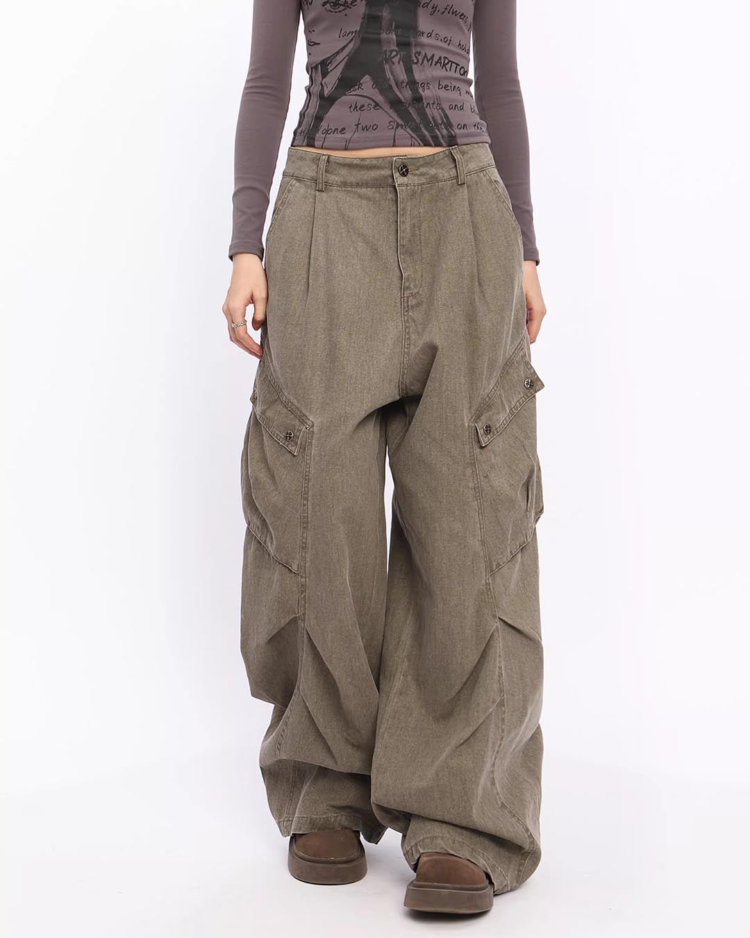 VINTAGE WASHED PLEATED BIG POCKET DENIM CARGO PANTS - GREY &amp; GREEN