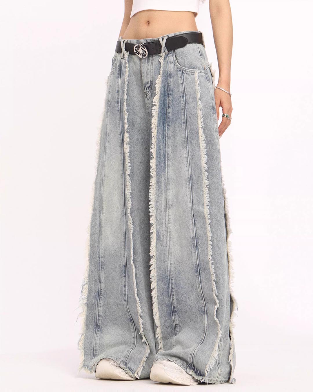 DECONSTRUCTED TASSELED DENIM PANTS - BLUE