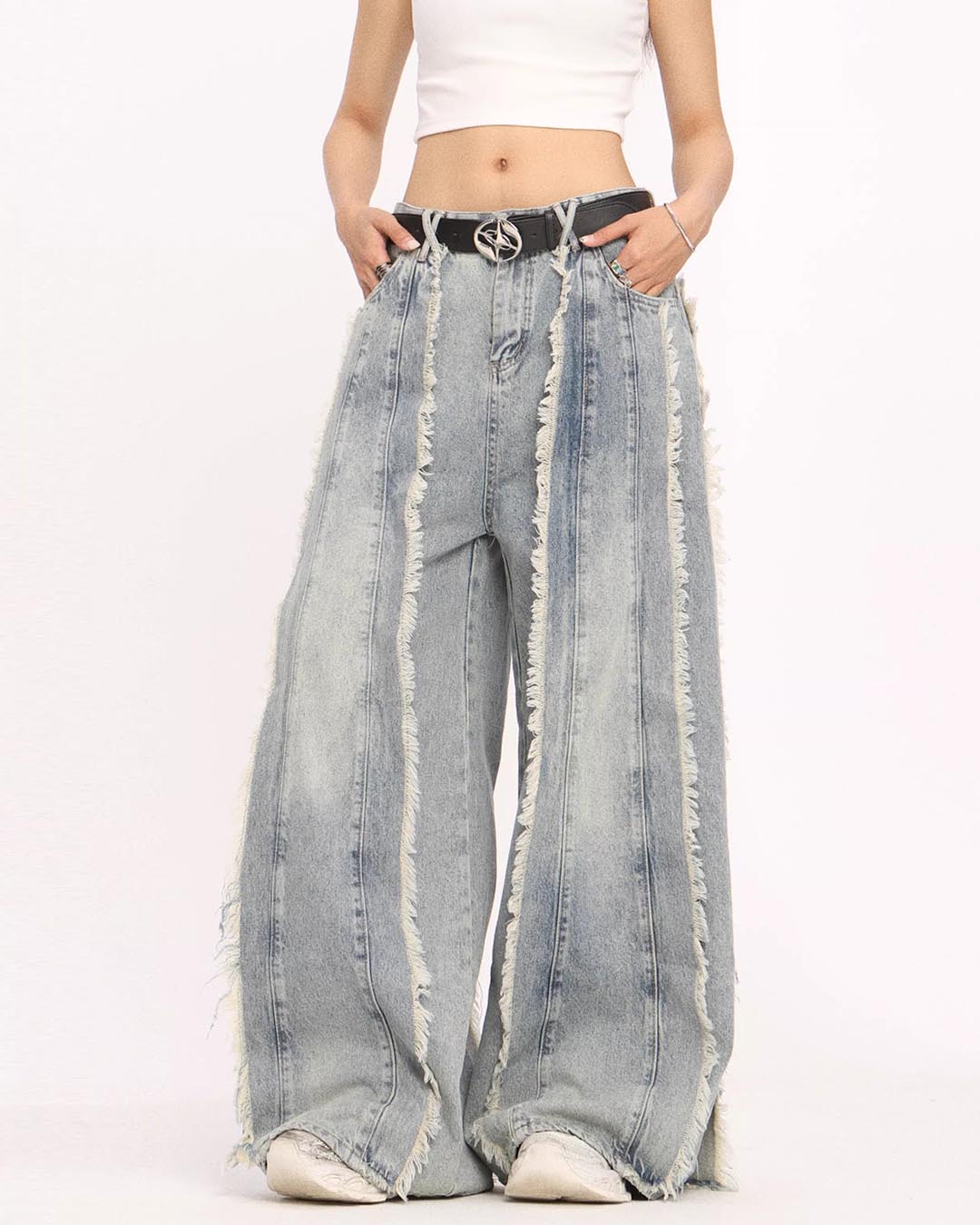 DECONSTRUCTED TASSELED DENIM PANTS - BLUE
