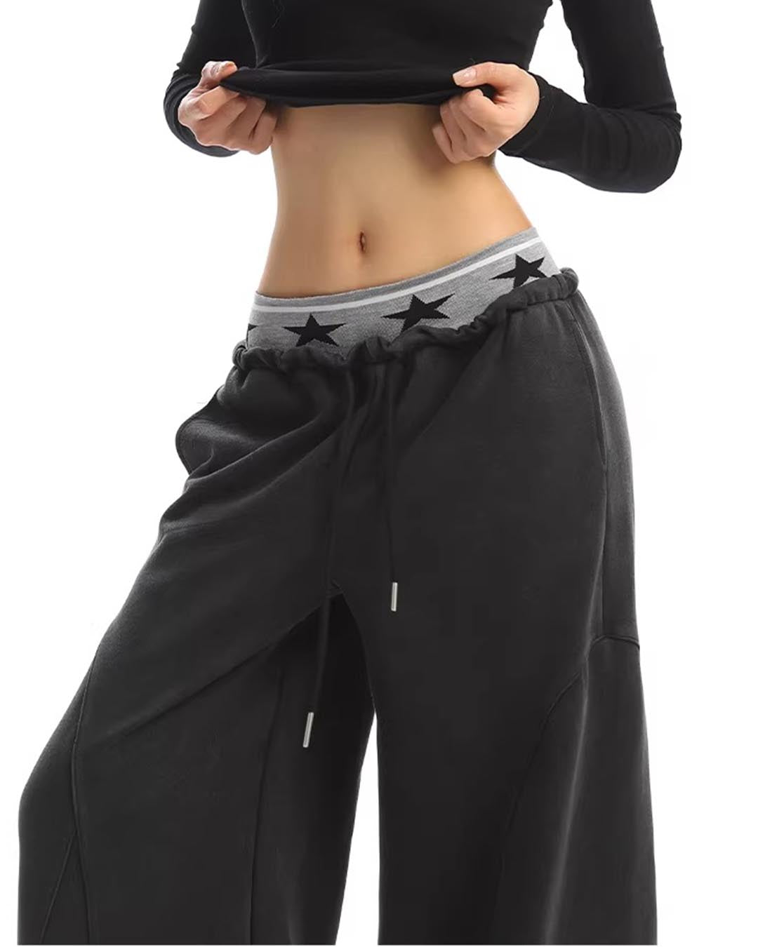DOUBLE WAISTBAND WASHED WIDE-LEG SWEATPANTS - BLACK