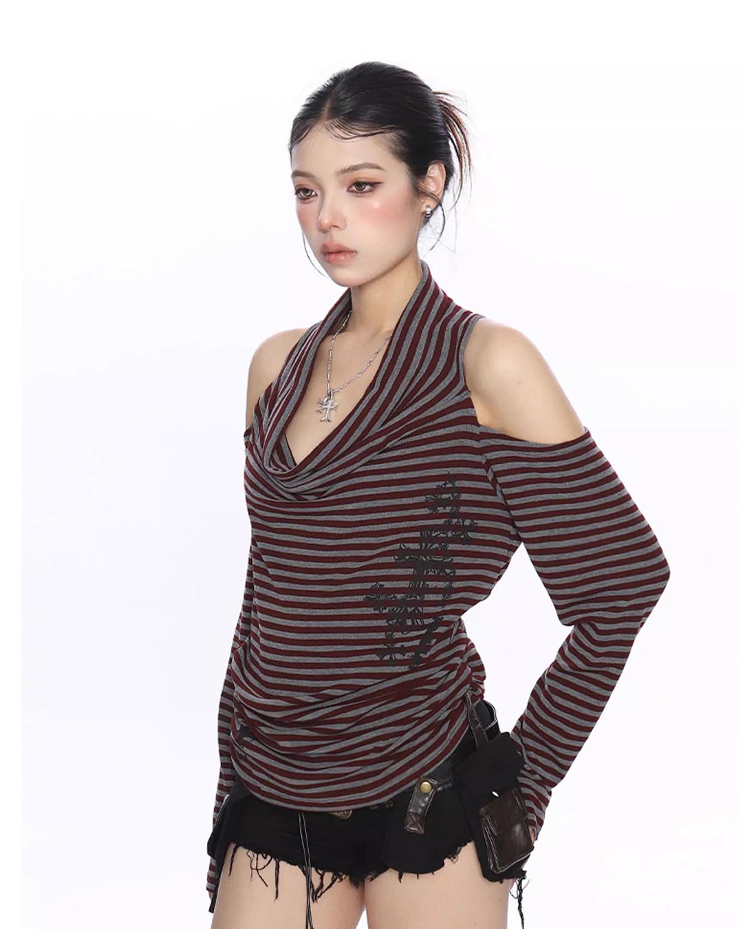 STRIPED HALTER COWL NECK OFF-SHOULDER LONG SLEEVE TOPS - RED