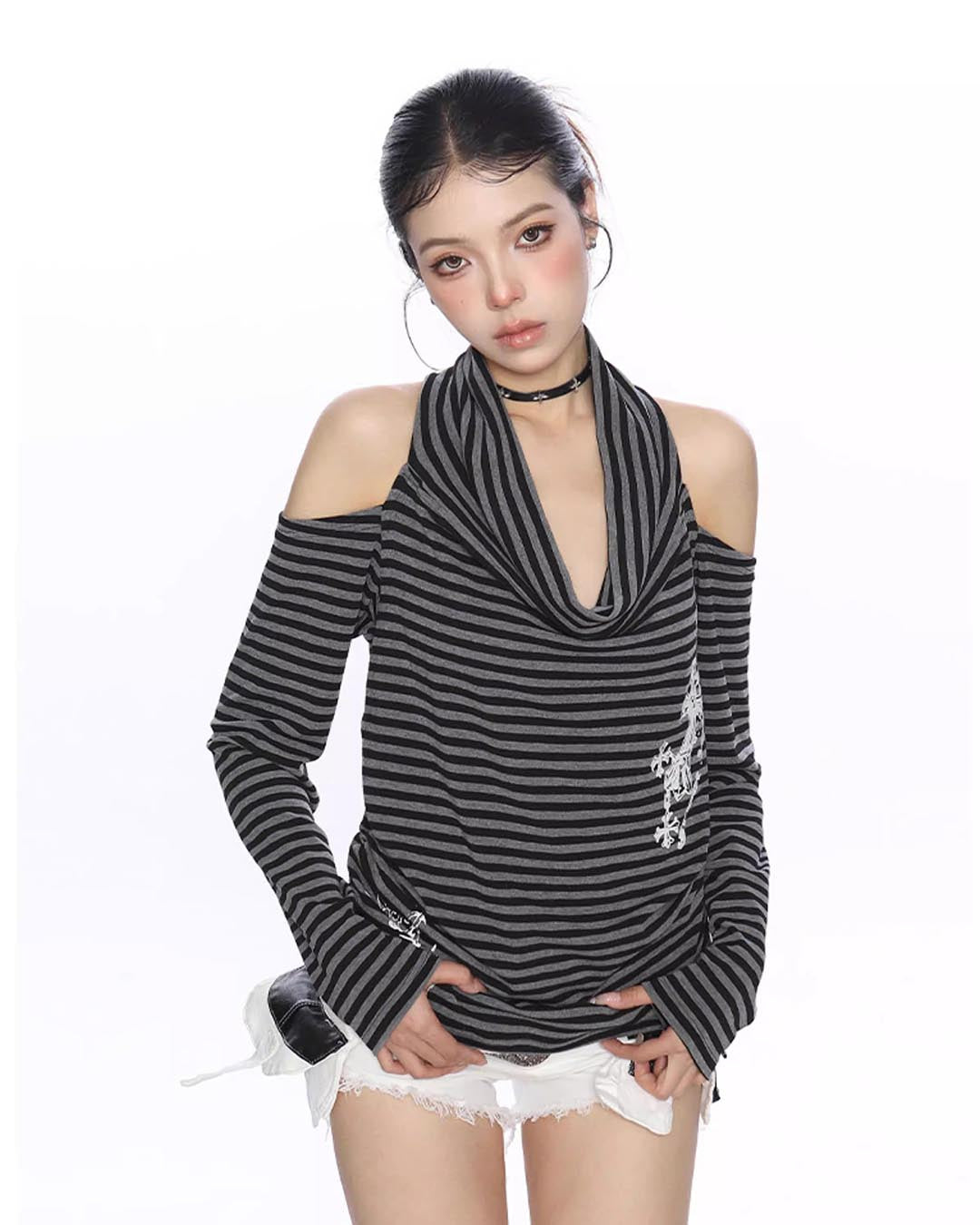 STRIPED HALTER COWL NECK OFF-SHOULDER LONG SLEEVE TOPS - GREY
