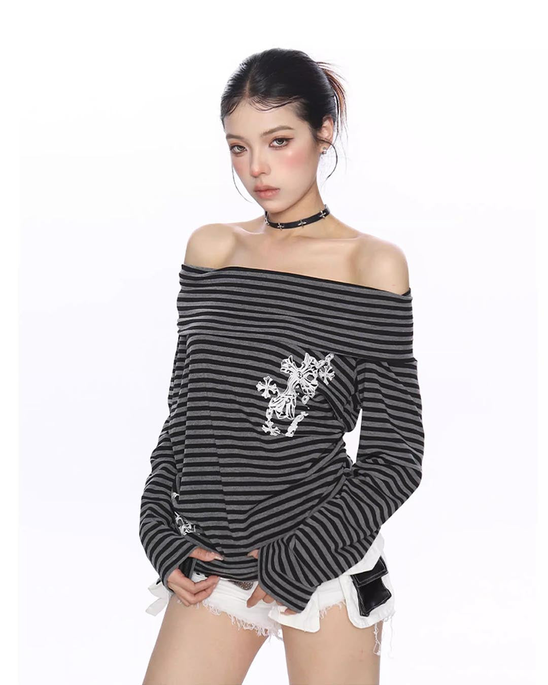 STRIPED HALTER COWL NECK OFF-SHOULDER LONG SLEEVE TOPS - GREY